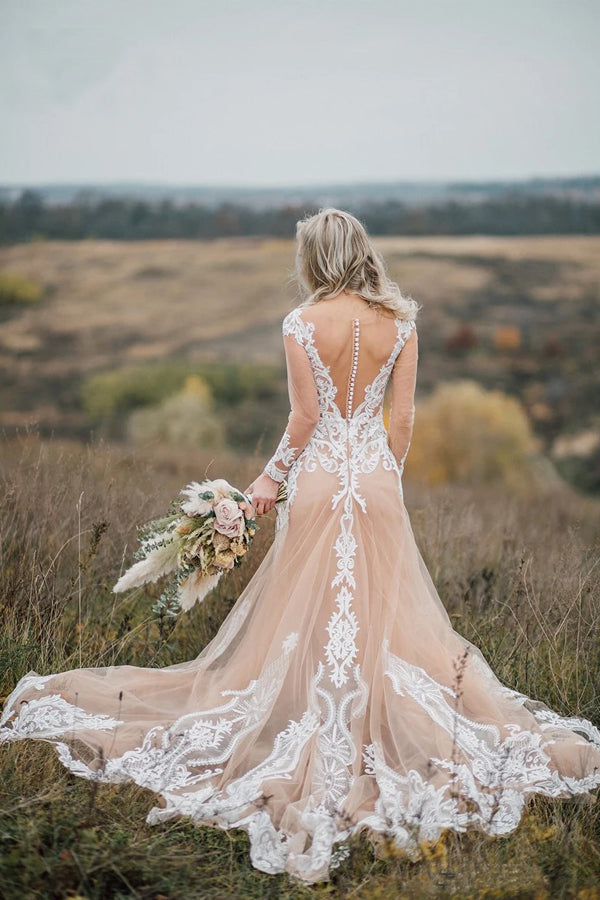 Vestidos de novia bohemios de sirena con mangas largas y apliques WD696