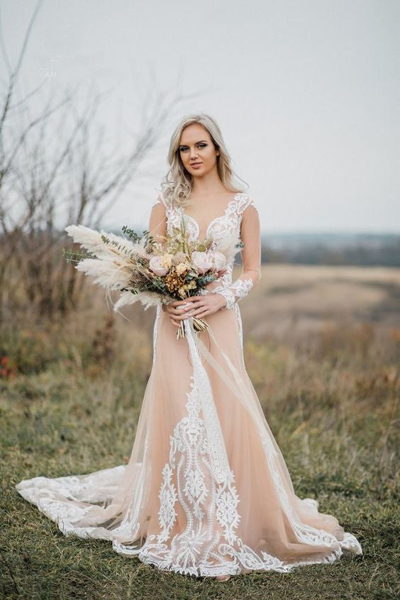 Vestidos de novia bohemios de sirena con mangas largas y apliques WD696
