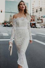 Robe de mariée sirène en dentelle, épaules dénudées, décolleté asymétrique et manches longues WD278