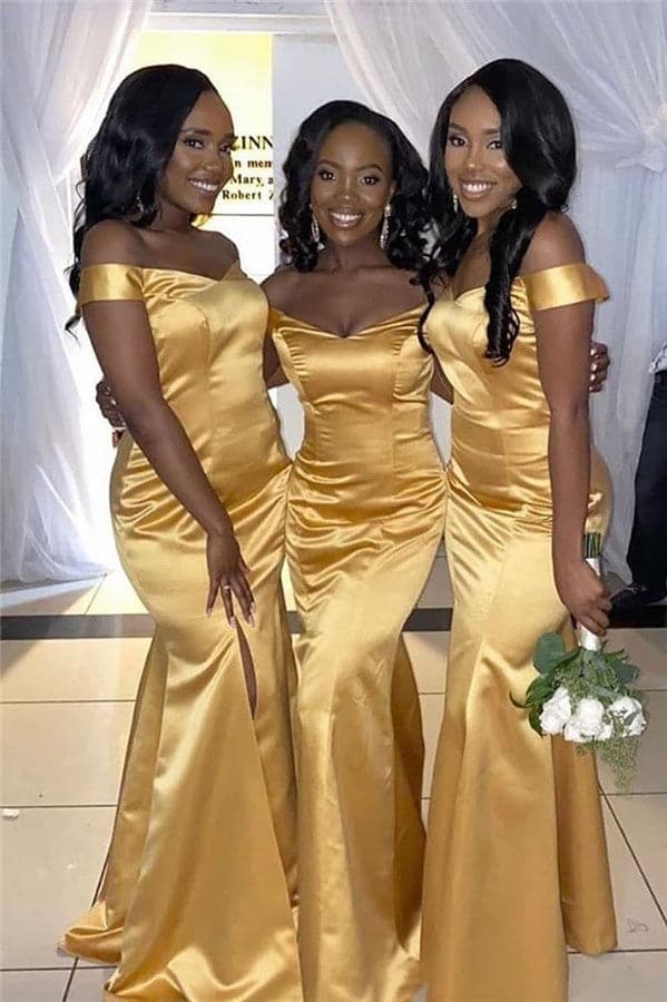 Vestido de dama de honor amarillo de corte sirena con abertura VMB42