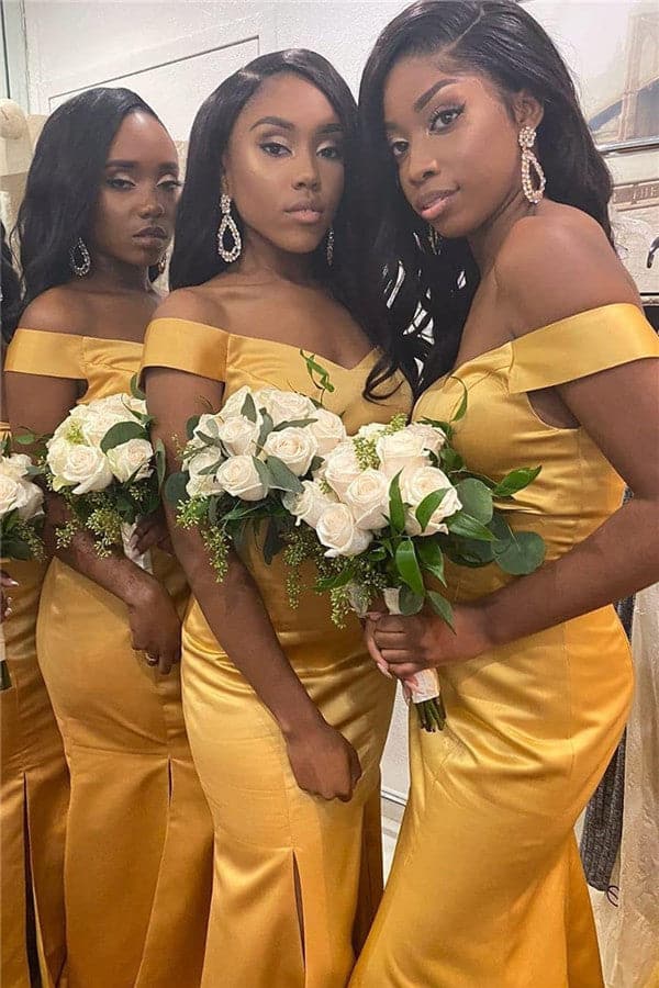 Vestido de dama de honor amarillo de corte sirena con abertura VMB42