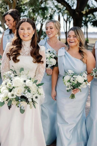 Vestido de dama de honor negro estilo sirena con un solo hombro y lazo BD125