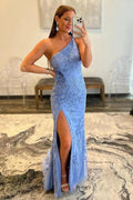 Robe de soirée sirène asymétrique bleue en dentelle longue fendue