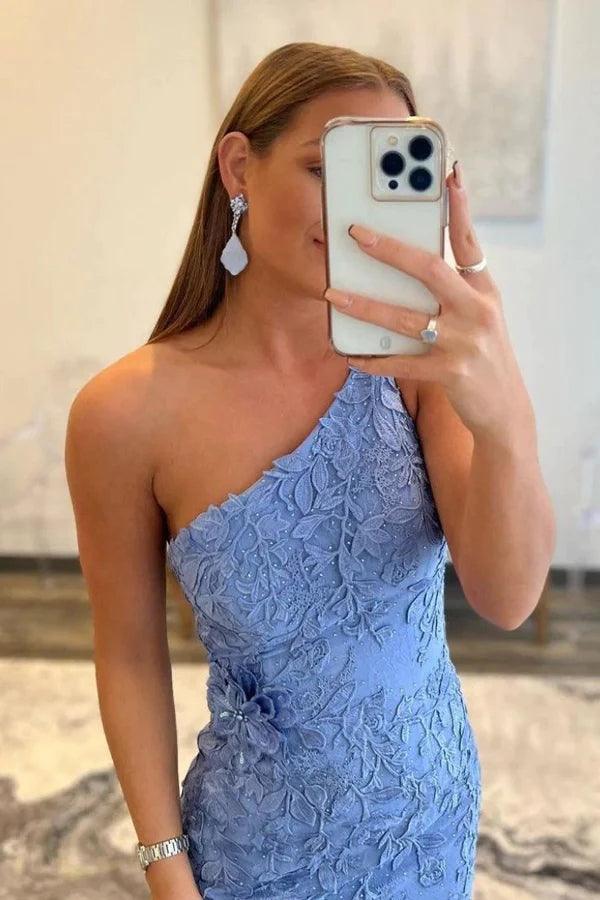 Robe de soirée sirène asymétrique bleue en dentelle longue fendue