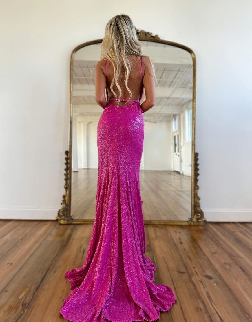 Robe de bal sirène à sequins, col en V et fente