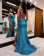 Robe de bal sirène à sequins, col en V et fente