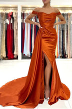 Mermaid Satin Off-the-Shoulder Prom Dresses With Train, Evening Dresses