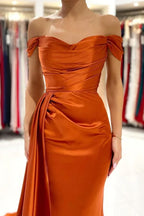 Mermaid Satin Off-the-Shoulder Prom Dresses With Train, Evening Dresses