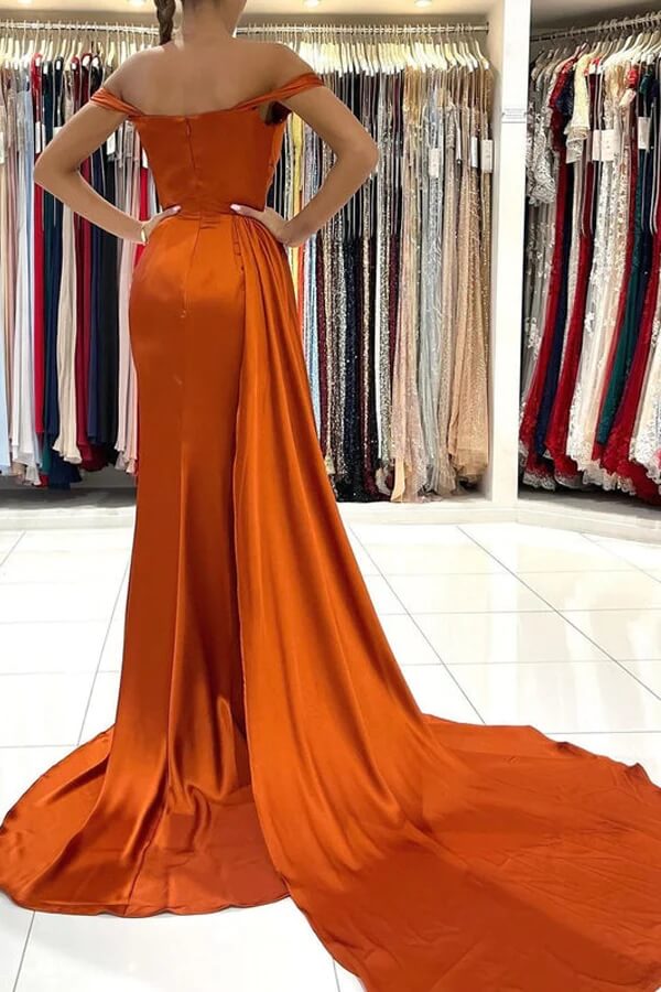 Mermaid Satin Off-the-Shoulder Prom Dresses With Train, Evening Dresses