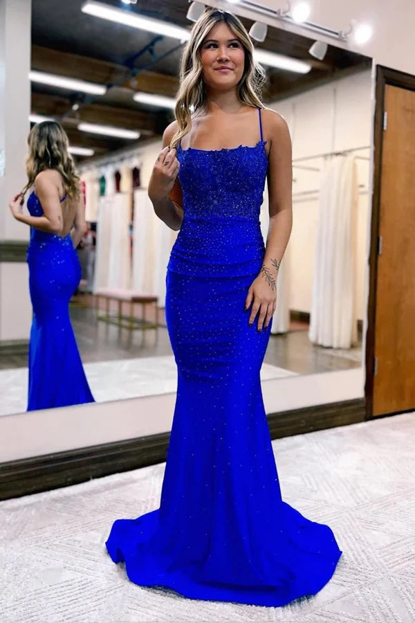 Vestido de fiesta de sirena con tirantes finos de satén
