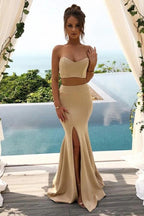 Vestidos de dama de honor de dos piezas estilo sirena en satén, largos hasta el suelo, con abertura. 