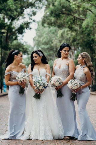 Vestido largo de dama de honor color lila con lentejuelas de sirena VMB30