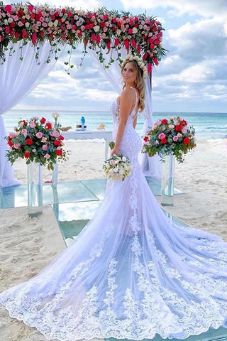 Vestido de novia de sirena con tirantes finos y encaje, estilo sirena, ideal para la playa (WD642)