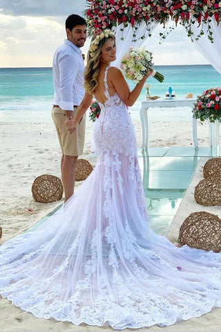 Vestido de novia de sirena con tirantes finos y encaje, estilo sirena, ideal para la playa (WD642)