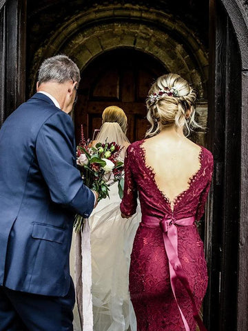 Vestidos de dama de honor color burdeos con cola de sirena y encaje, manga larga, BD090