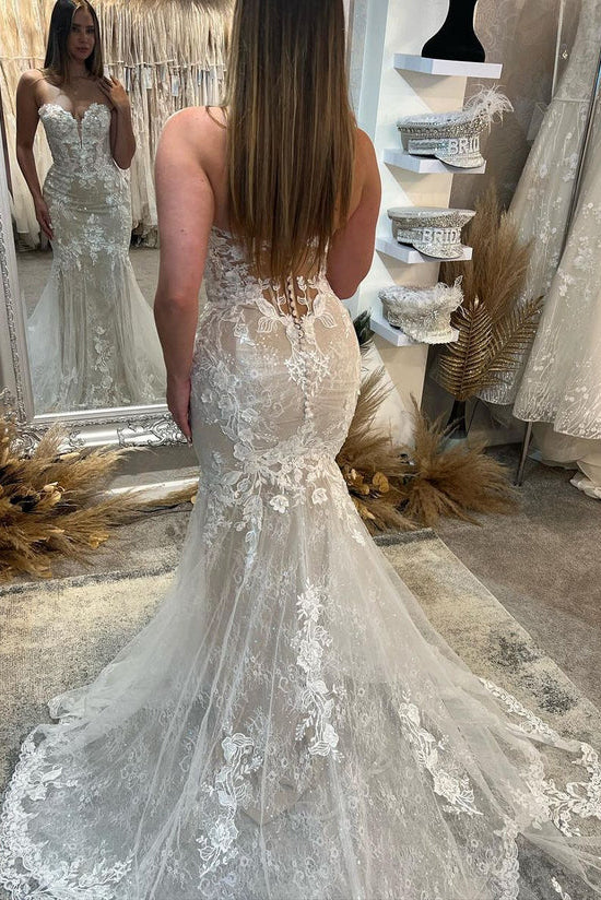 Vestidos de novia elegantes con apliques de encaje y escote corazón estilo sirena WD671