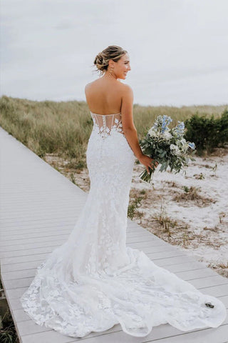 Vestido de novia de manga larga con apliques de tul y escote corazón estilo sirena WD726