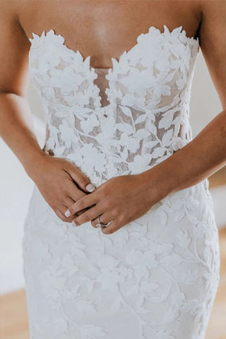 Vestido de novia de manga larga con apliques de tul y escote corazón estilo sirena WD726