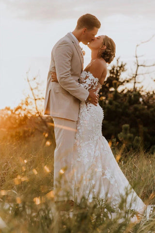 Vestido de novia de manga larga con apliques de tul y escote corazón estilo sirena WD726