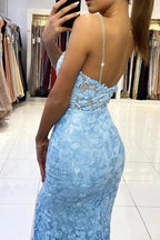 Vestido largo de noche de fiesta con escote en V, espalda descubierta y encaje azul estilo sirena