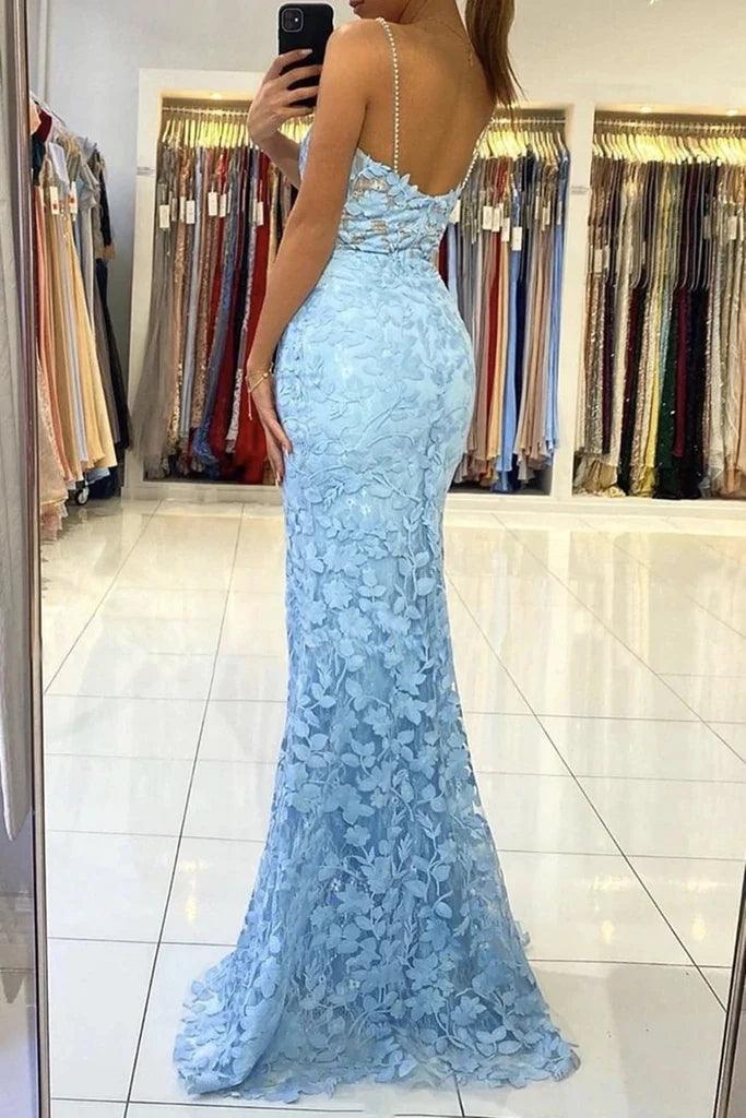 Vestido largo de noche de fiesta con escote en V, espalda descubierta y encaje azul estilo sirena
