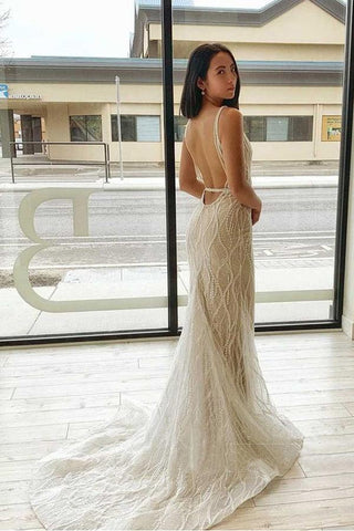 Robe de mariée sirène en dentelle à col en V et dos nu WD598