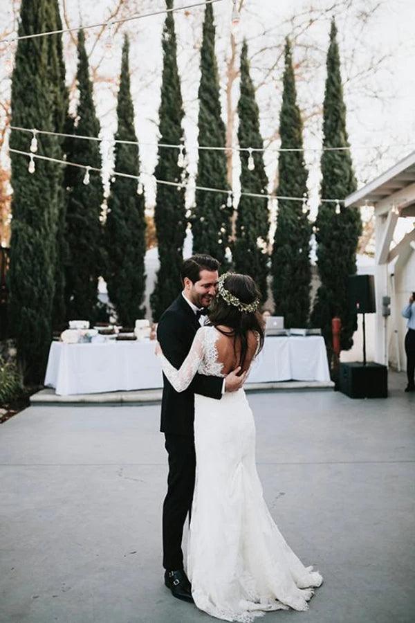 Robe de mariée sirène à col en V et manches longues en dentelle WD610