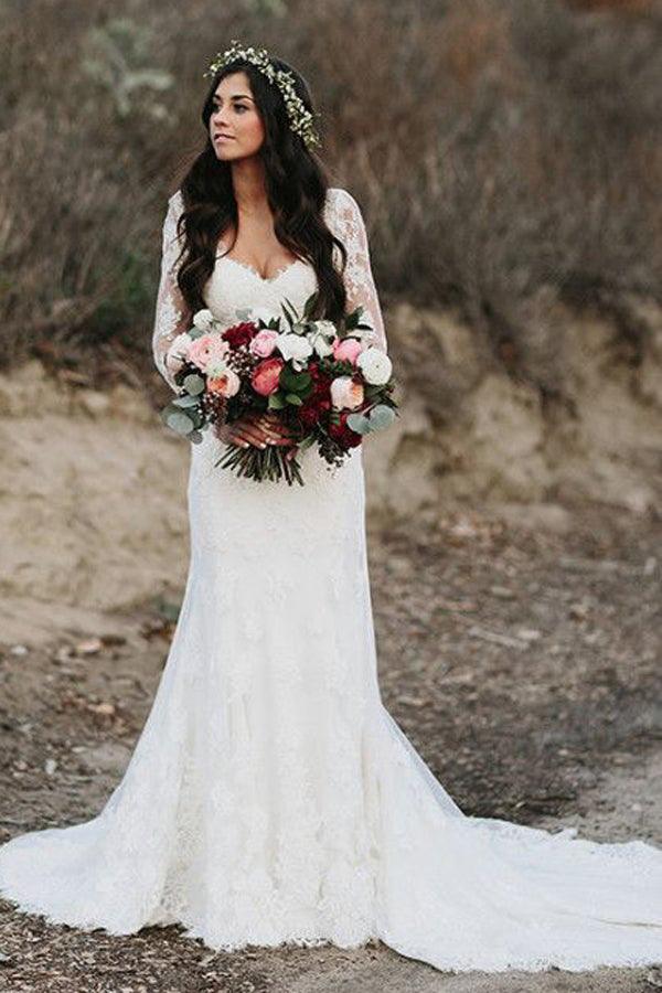 Robe de mariée sirène à col en V et manches longues en dentelle WD610