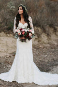 Robe de mariée sirène à col en V et manches longues en dentelle WD610
