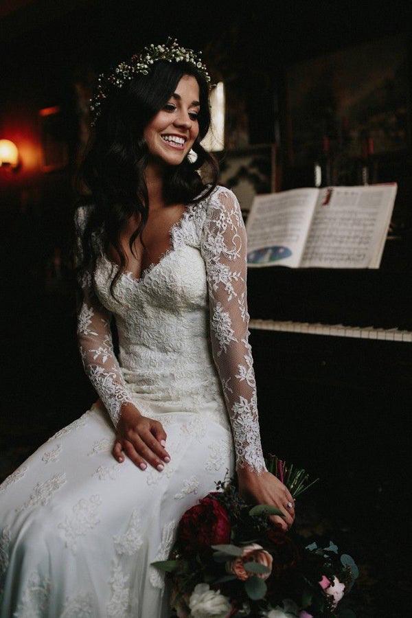 Robe de mariée sirène à col en V et manches longues en dentelle WD610