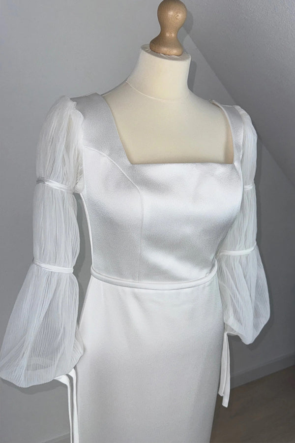 Robe de mariée sirène blanche à col carré et manches longues WD755