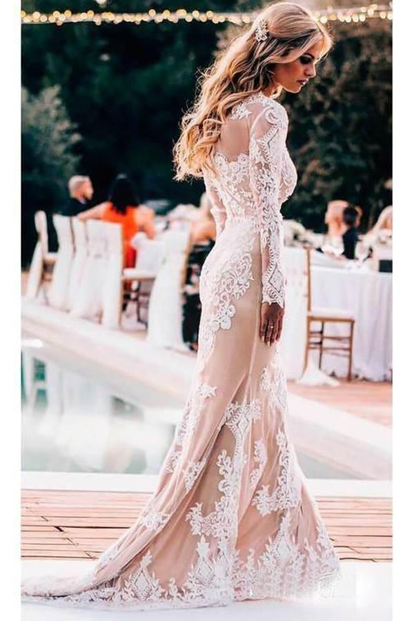 Robe de mariée bohème sirène à manches longues en dentelle, style rustique WD504