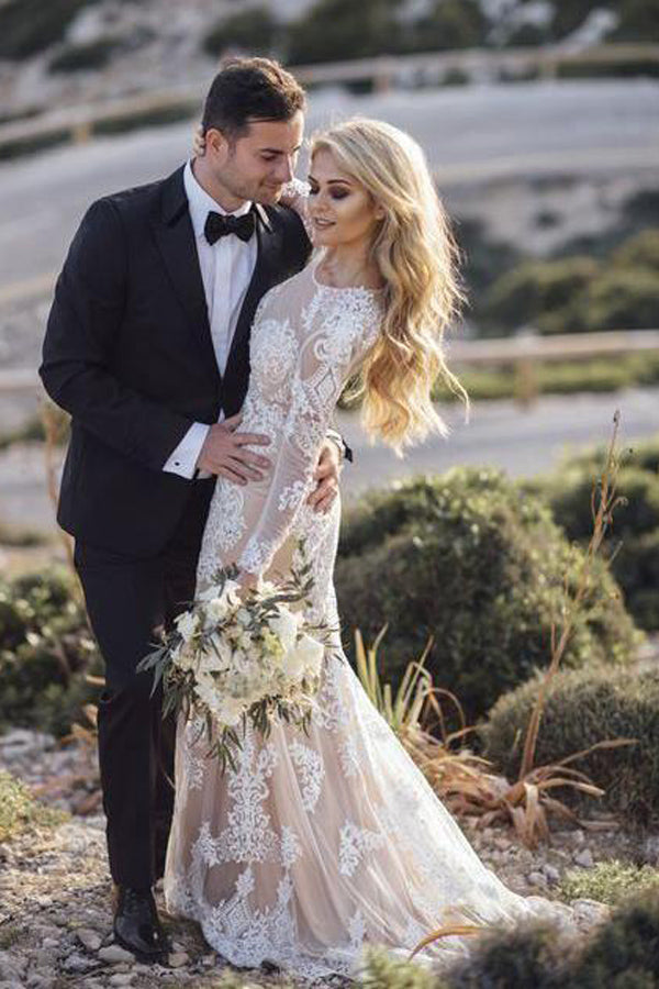 Robe de mariée bohème sirène à manches longues en dentelle, style rustique WD504