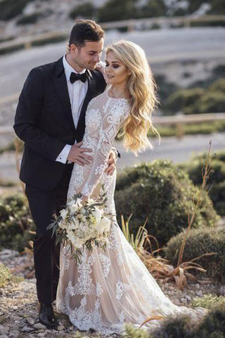 Mermaid Long Sleeve Lace Boho Wedding Dresses Rustic Bridal Gown WD504