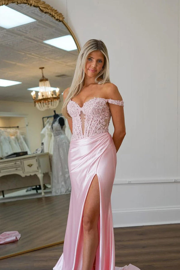 Robe de bal rose sirène à épaules dénudées avec appliques