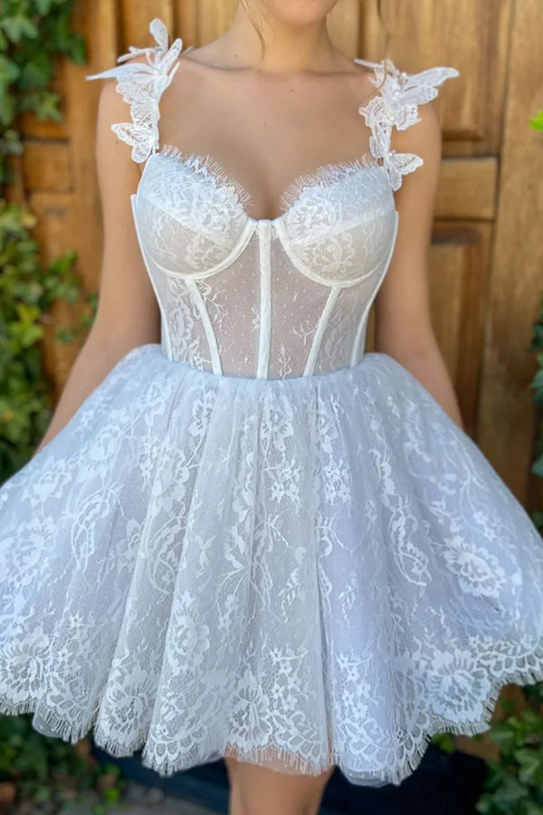 Minivestido blanco de encaje para baile de graduación PD519