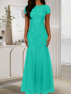 Robe sirène bleu marine foncé à sequins et tulle, décolleté rond, robe en tulle bleu marine foncé