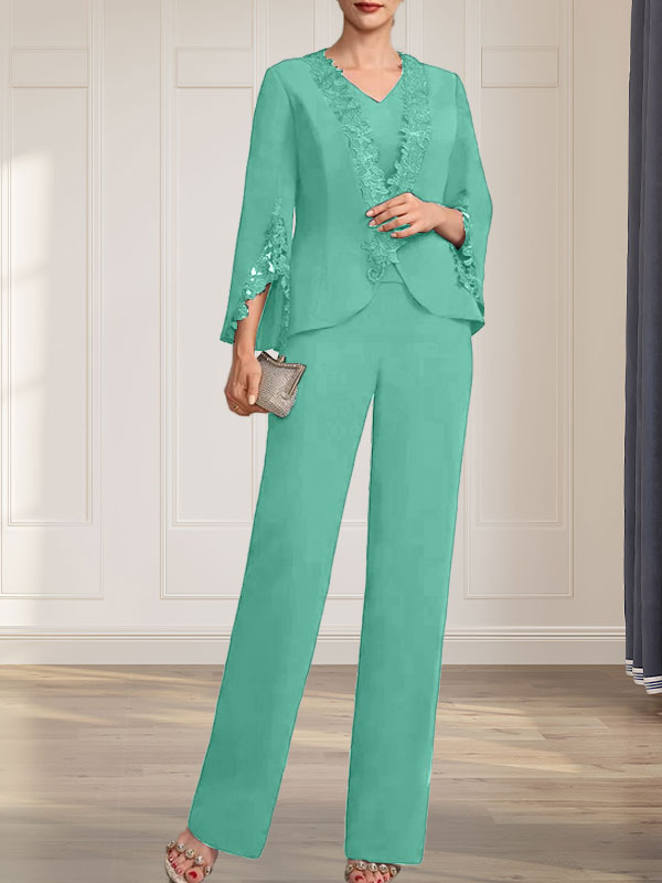 Combinaison/Tailleur-pantalon deux pièces, robe longue en mousseline à col V pour la mère de la mariée