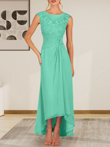 Champagne A-Line Scoop Lace Chiffon Dress
