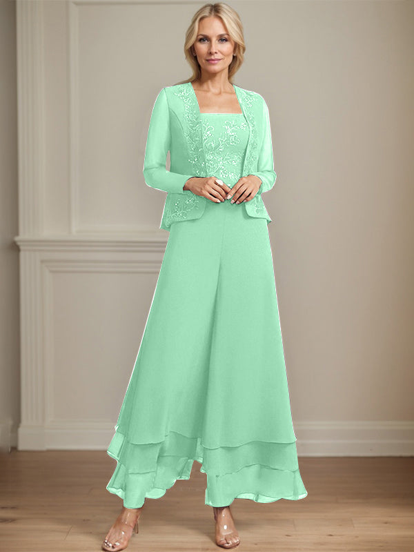 Conjunto de pantalón y chaqueta de dos piezas, corte cuadrado, largo hasta el tobillo, encaje, gasa, vestido de madre de la novia con lentejuelas 