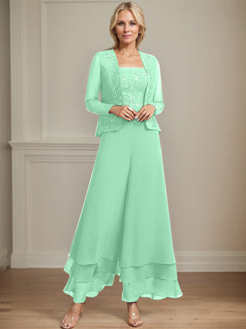 Separates Jumpsuit/Pantsuit Square Ankle-Length Lace Chiffon Mother of the Bride Dress With Sequins