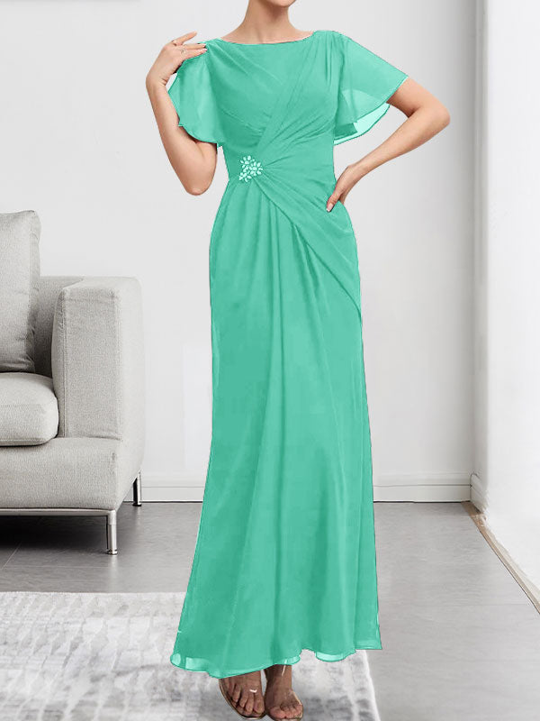 Vestido de gasa de corte A, escote redondo, largo hasta el tobillo, para la madre de la novia, con plisados ​​y cuentas.