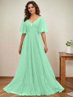Vestido de corte A, escote en V, largo hasta el suelo, de gasa, para la madre de la novia, con apliques de lentejuelas y encaje plisado. 