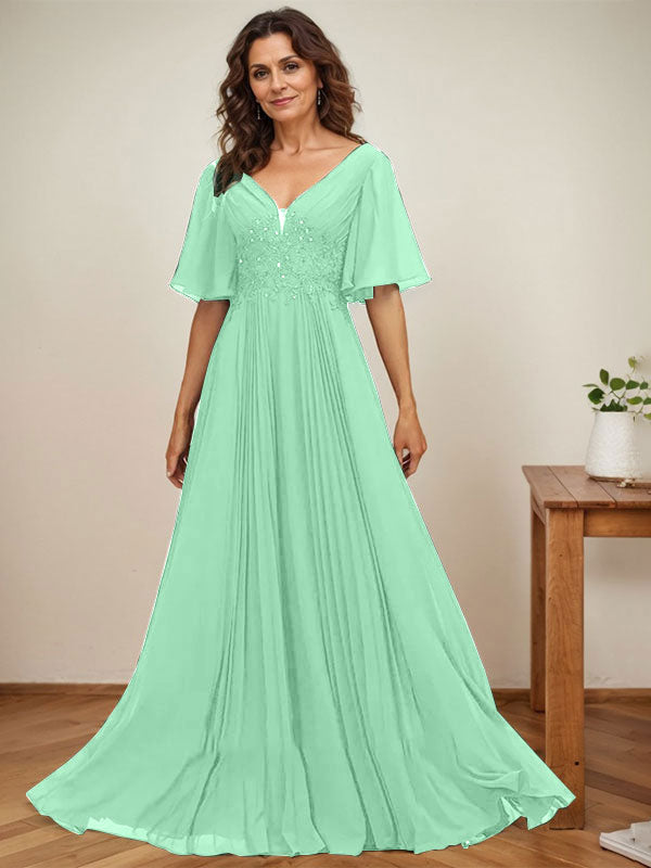 Vestido de corte A, escote en V, largo hasta el suelo, de gasa, para la madre de la novia, con apliques de lentejuelas y encaje plisado. 