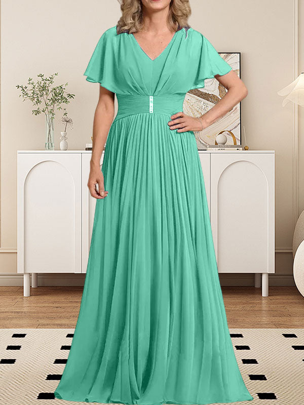 Vestido de gasa de corte A, escote en V, largo hasta el suelo, para la madre de la novia, con broche de cristal y pliegues. 