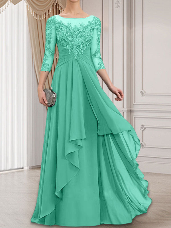Vestido de novia de corte línea A, escote redondo ilusión, largo hasta el suelo, de gasa de encaje con volantes en cascada.
