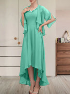 Vestido de corte A, escote en V, asimétrico, de gasa, para la madre de la novia, con lentejuelas y pedrería.