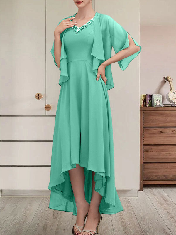 Vestido de corte A, escote en V, asimétrico, de gasa, para la madre de la novia, con lentejuelas y pedrería.