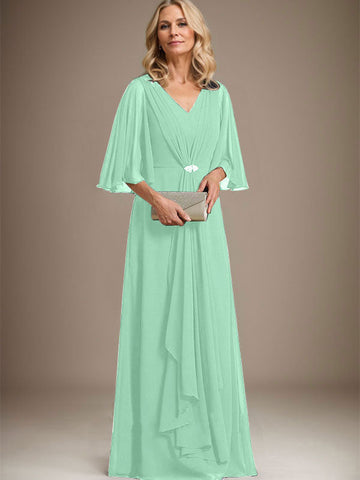 A-line V-Neck Floor-Length Chiffon Mother of the Bride Dress With Cascading Ruffles Crystal Brooch