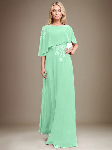A-line Scoop Floor-Length Chiffon Lace Mother of the Bride Dress With Sequins Beading